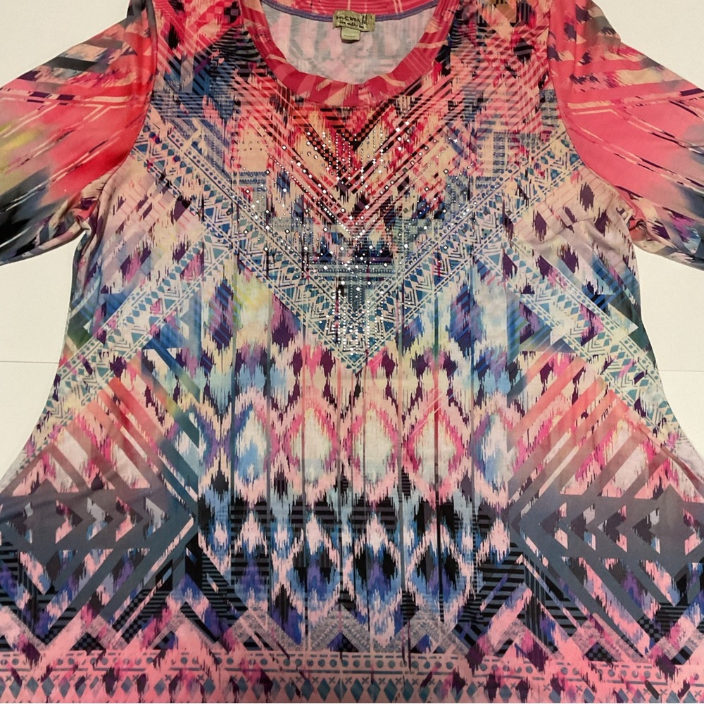 One World Women’s Top Colorful Stained Glass Geometric W/Rhinestones Cro…